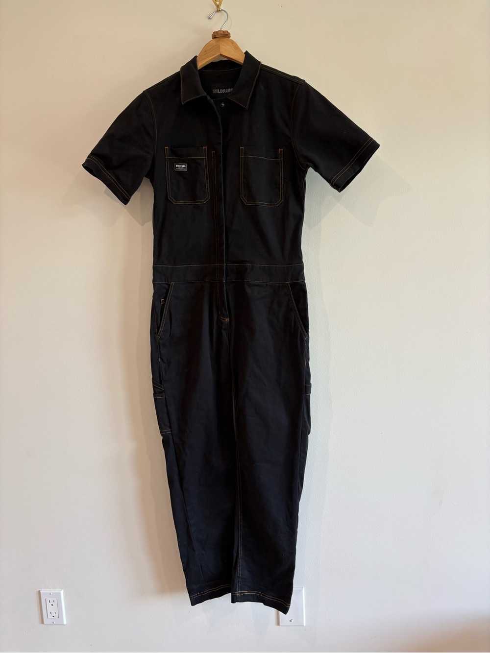 Wildfang small Black Short-Sleeve Utility Jumpsuit with Contrast Stitching